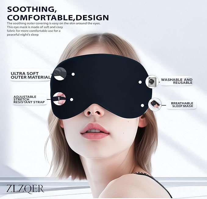 Cooling Cotton Eye Sleep Mask for Men & Women, Soft & Breathable, Pressure-Free Design for Side Sleepers, Adjustable Light Blocking Mask for Sleeping, Travel & Naps (Black)
