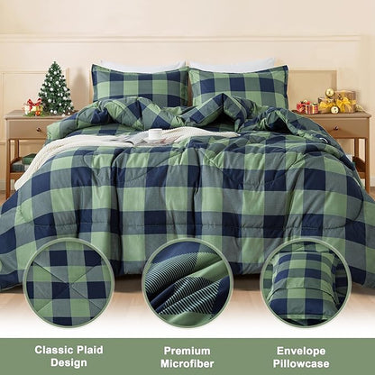 Andency Green Plaid Comforter Twin(66x90Inch), 2 Pieces (1 Comforter, 1 Pillowcase) Buffalo Checkered Gingham Bed Set, Soft Geometric Bedding for Boys