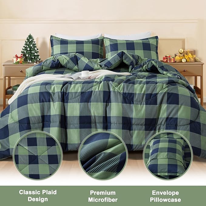 Andency Green Plaid Comforter Queen(90x90Inch), 3 Pieces (1 Comforter, 2 Pillowcases) Buffalo Checkered Gingham Bed Set, Soft Geometric Bedding for Boys