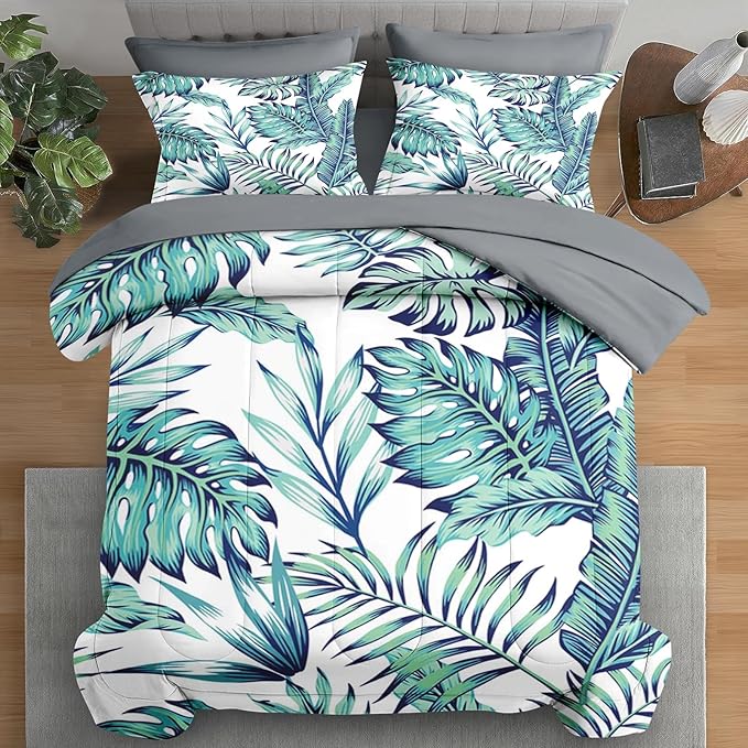 Comforter Set Twin Size, Blue Green 5 Pcs Bedding for Kids and Adults, Tropical Palm Leaf Bed Sheet Sets with Fitted Sheet Pillowcases & Shams for Bedroom Bed Decor