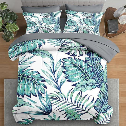 Comforter Set King Size, Blue Beach Geometric 7 Pcs Bedding for Kids and Adults, Palm Leaf Floral Tree Bed Sheet Sets with Fitted Sheet 2 Pillowcases & 2 Shams for Bedroom Bed Decor