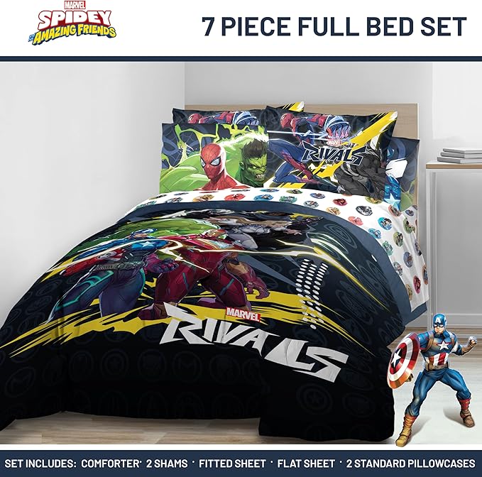 Jay Franco Kids Comforter Set Includes Sheets and Pillow Covers - Soft and Cozy Bed Set for Stylish Room Decor, Official Licensed Bedding, Multi - Marvel Rivals, 7 Piece Full