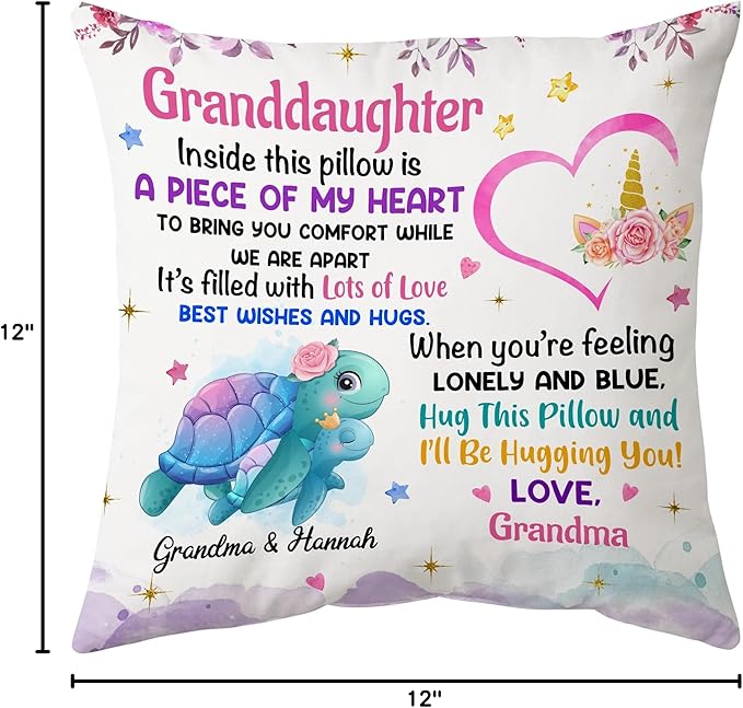 Hyturtle Personalized Granddaughter Pillow (Insert Included) Gifts from Grandma - Birthday Graduation Gifts for Granddaughter - Sea Turtle Custom Name Sofa Couch Cushion Home Decor Pillow
