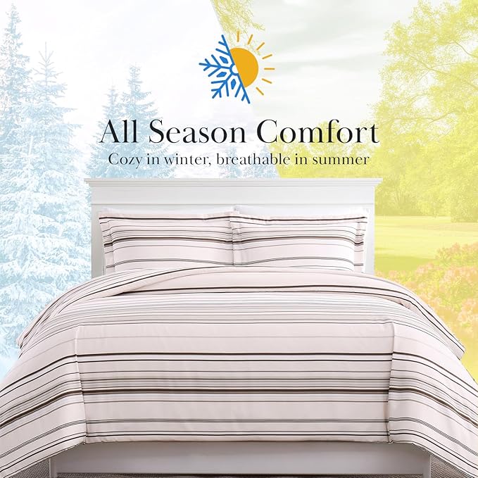 Southshore Fine Living, Inc. 3-Piece Full/Queen Size Comforter Set, Down Alternative All-Season Striped Comforter with 2 Shams, Soft Microfiber Bed Spread for Full or Queen Bed, Coastal Stripes Taupe