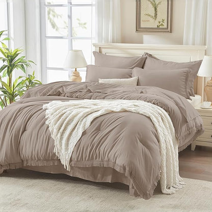 Andency Full Size Comforter Set Khaki -7 Pieces Boho Tassel Bed in a Bag Soft Lightweight Bedding Sets, Fringe All Season Bed Set with Comforter, Sheets, Pillowcases & Shams