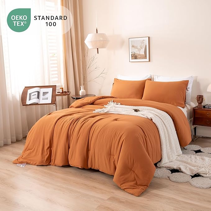 Burnt Orange Full Size Comforter Set, 3 Pieces Solid Terracotta Rust Breathable Fluffy Ultra Soft Polycotton Quilted Bedding Down Blanket Comforter for All Season (1 Conforter 2 Pillow Case)