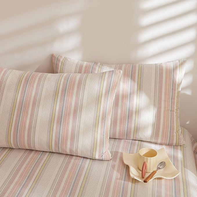 HighBuy King Comforter Set Fluffy White and Pink Striped Bedding Stripes Comforter Set Modern Chic Geometric Comforter with 2 Pillow Shams Stripe Bedding Comforter for Boys Girls All Season