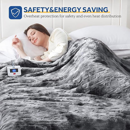 Sealy Electric Blanket Queen Size, Faux Fur & Flannel Heated Blanket with 10 Heat Setting & 1-12 Hour Auto Shut Off, Fast Heating Blanket, Machine Washable, Grey, 84 x 90 Inch