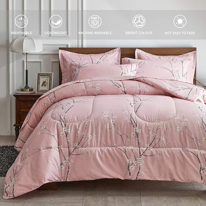 AIKASY Bed in a Bag 6 Pieces Twin Size - Floral Print - Soft Microfiber, Reversible Bed Comforter Set (1 Comforter, 2 Pillow Shams, 1 Flat Sheet, 1 Fitted Sheet, 1 Pillowcases)（Pink, Twin）