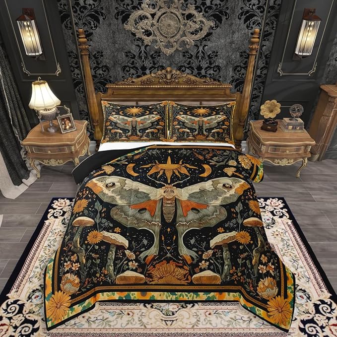Erosebridal Mystical Luna Moth Comforter Set Toddler, Halloween Moth Mushroom Bedding Set, Bohemia Floral Black Comforter for Teens Women Men for Boho Room Decor, Vintage Aesthetic Quilt
