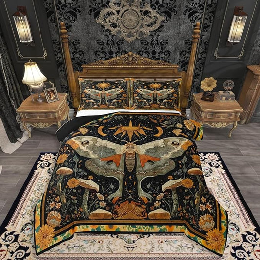 Erosebridal Mystical Luna Moth Queen Comforter Set, Halloween Moth Mushroom Bedding Set, Bohemia Floral Black Comforter for Teens Women Men for Boho Room Decor, Vintage Aesthetic Quilt