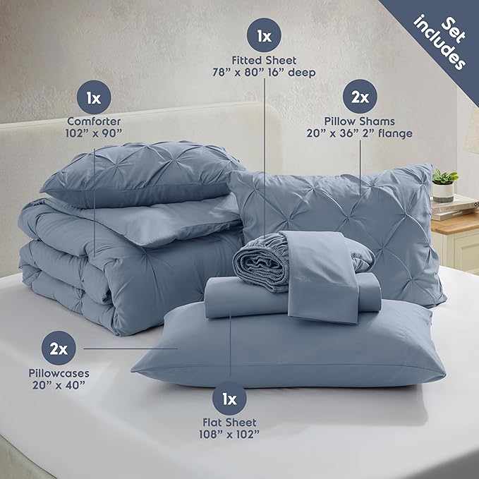 Nestl King Size Comforter Set 7 Pieces - Pinch Pleated Bed in a Bag, Stone Blue, All Season Bedding Set With Flat Sheet, Fitted Sheet, Pillowcases and Shams