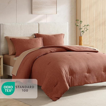 Geniospin Full Size Comforter Set- 7 Pieces Terracotta Textured King Bedding Set, Soft Solid Bed in a Bag for All Seasons, Fall Comforter Set with Sheets
