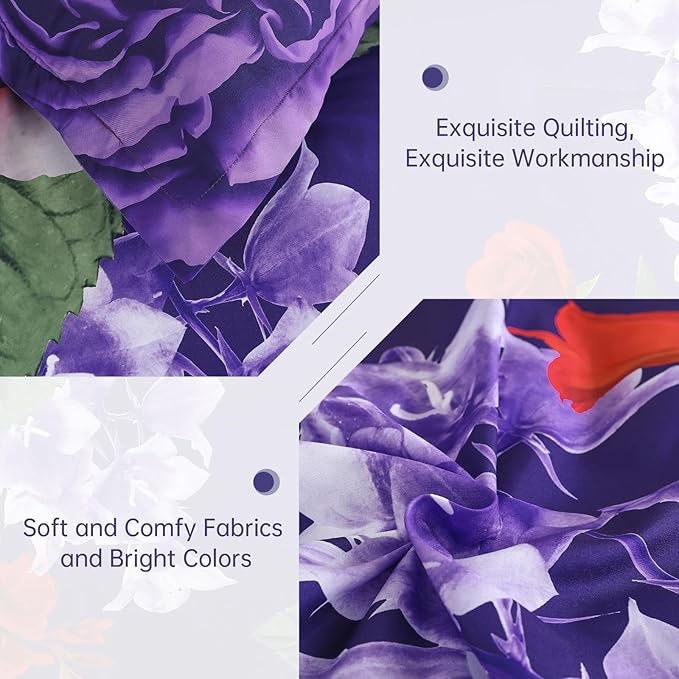 Drucon Dark Purple Floral Comforter Queen Size 7 Pieces Bedding Sets Queen Bed in a Bag, Botanical Floral Comforter with Sheet Set, Soft Microfiber Bedding Set for All Season(Dark Purple, 90"x90")