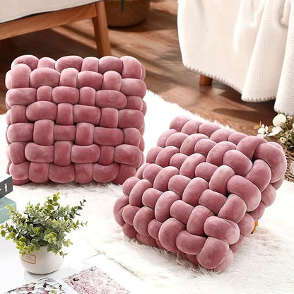 Wenqik 2 Pcs Knot Pillows Square Knotted Plush Throws Soft Accent Pillows Decoration Cushion for Couch Home Office Living Room Bedroom Bed Sofa Decor, 12'' x 13''(Pink Violet,Crystal Velvet)