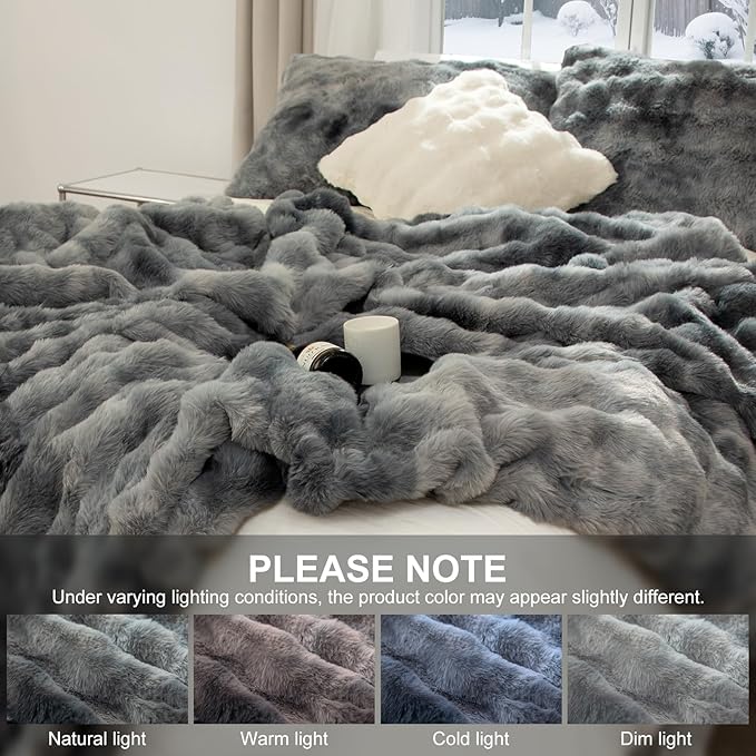 Faux Fur Heated Blanket Queen Size 84"X90" - Bubble Faux Fur Electric Blanket Fluffy Soft Fuzzy with 6 Fast Heating Levels & 10 hrs Timer Settings, Washable & ETL Certified for Bed, Tie-Dye Blue
