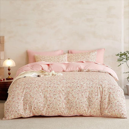Wake In Cloud - Floral Comforter Set with Sheets, Cute Vintage Flower Cottagecore Aesthetic for Women Teen Girls, 7 Pieces Bed in a Bag, Cream Pink, Queen Size