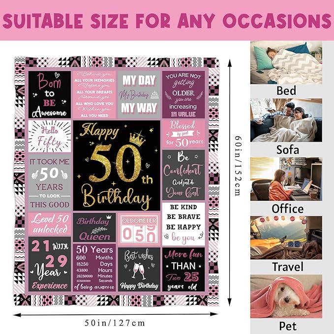 50 Birthday Gifts for Women, 50th Birthday Blanket with Gift Box for Women, Gifts for A 50th Birthday, Happy 50th Birthday Decorations Gift Ideas for Her, 50th Birthday Gifts Throw Blanket 60"x50"