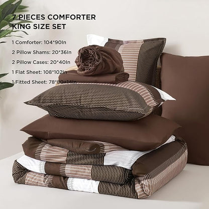 Andency King Size Comforter Set Brown - 7 Pieces Striped Lightweight Bed in a Bag, Soft Microfiber Reversible Bedding Set with Comforter, Fitted & Flat Sheet, Pillowcases & Shams