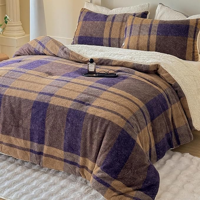 Cyusri Plaid Sherpa Comforter Set 2Pcs Fluffy Warm Fleece Down Alternative, Khaki Blue Grid Pattern Bedding Set with 1 Pillowcase, Twin Size 68"x90"