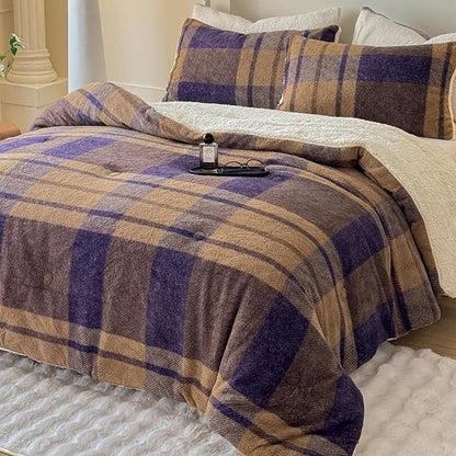 Cyusri Plaid Sherpa Comforter Set 2Pcs Fluffy Warm Fleece Down Alternative, Khaki Blue Grid Pattern Bedding Set with 1 Pillowcase, Twin Size 68"x90"