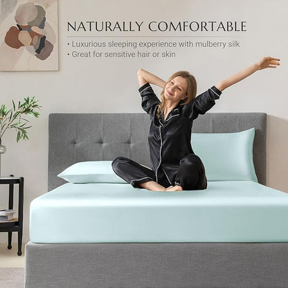THXSILK 100% Mulberry Silk Fitted Sheet Set, 7A+ Silk 3 Pieces Bed Sheets, Breathable, Smooth, 16 Inch Deep Pocket Fitted Sheet, 2 Pillowcases - Light Blue, King