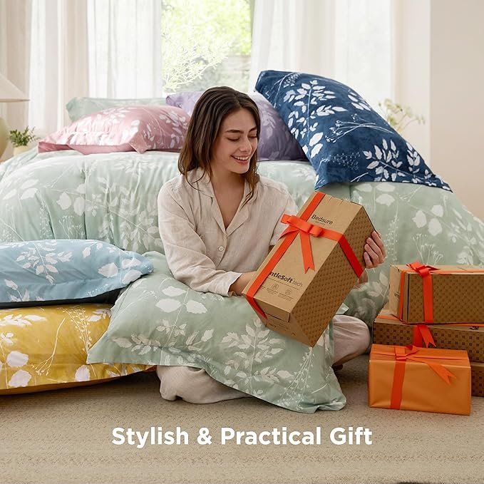 Bedsure Full Size Comforter Set - 7 Pieces Floral Sage Green Soft Bedding Sets, Full Bed in a Bag with Botanical Flowers Comforter, Sheets, Pillowcases & Shams