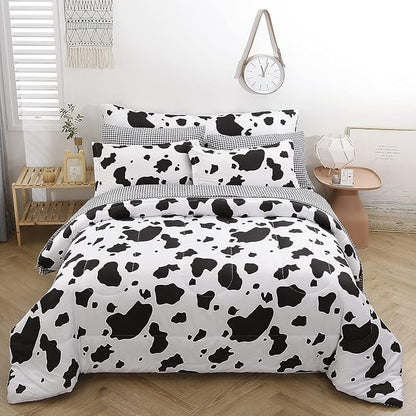 SUCSES Cow Print Queen Comforter Set with Sheets 8Pcs Bed in A Bag Queen Size Bedding Set Geometric Black and White Duvets for All Season