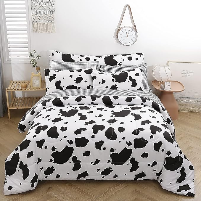 SUCSES Cow Print Twin Comforters 8 Pieces Bedding Set Cowhide Bed in A Bag for Boys Girls Black and White Cute Kids Comforter Set with Sheets