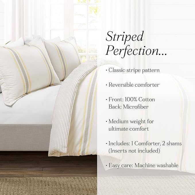 Lush Decor Farmhouse Stripe Reversible Cotton Comforter Set, 3 Piece Set, King, Yellow & Gray - Cozy Farmhouse Bedding Set - Rustic Decor - Striped Comforter - Modern Farmhouse Bedroom Decor