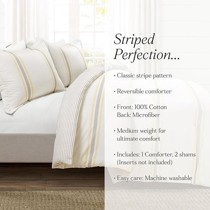 Lush Decor Farmhouse Stripe Reversible Cotton Comforter Set, 3 Piece Set, King, Yellow & Gray - Cozy Farmhouse Bedding Set - Rustic Decor - Striped Comforter - Modern Farmhouse Bedroom Decor