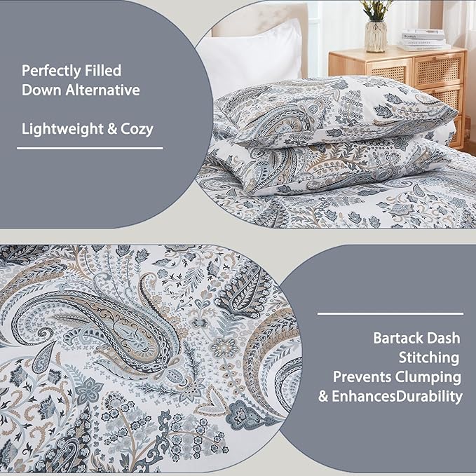 Grey Blue Paisley Comforter Set Queen Size 3 Pieces 100% Cotton Boho Paisley Pattern Bedding Set All Season Soft Cotton Lightweight Reversible Comforter