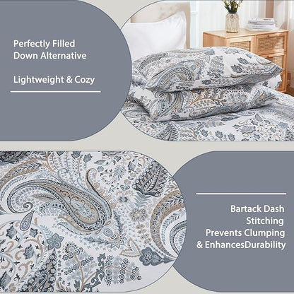 Grey Blue Paisley Comforter Set Queen Size 3 Pieces 100% Cotton Boho Paisley Pattern Bedding Set All Season Soft Cotton Lightweight Reversible Comforter