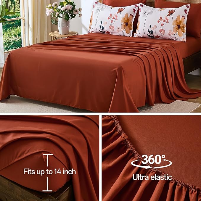 Anibedding 8Pieces Queen Comforter Set, Orange Watercolor Floral Queen Size Bed in a Bag Comforter Set with Pillowcase, Sheets for All Season