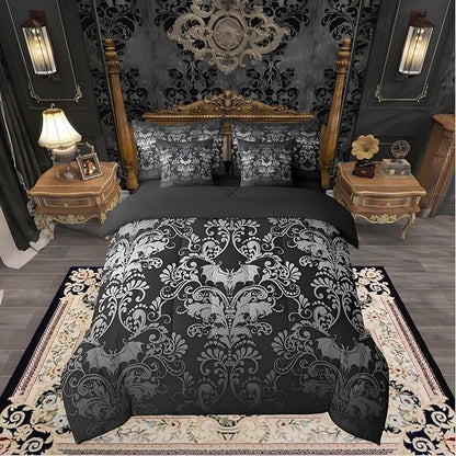 Erosebridal Gothic Damask Comforter Set 7 Piece Bed in a Bag Twin,Halloween Bat Bedding Sets White Black Victorian Floral Goth Sheet Set with Comforter