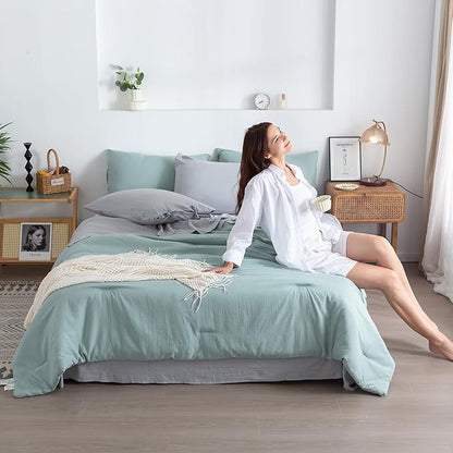 COTTEBED Super Soft King Bedding Sets with Comforter and Sheets - 7 Pieces King Bed in A Bag Modern Farmhouse Boho Washed Polycotton Sage Green Comforter and Grey Sheet Set Pillowcase Sham All Season