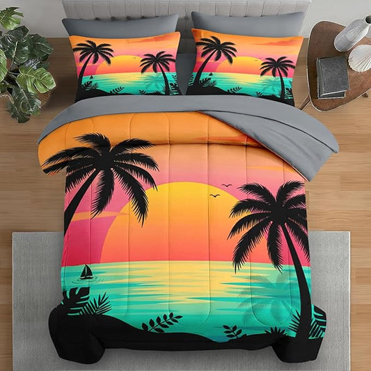 Comforter Set Full Size, Beach Sunset Palm Tree 7 Pcs Bedding for Kids and Adults, Colorful Retro Tropical Bed Sheet Sets with Fitted Sheet 2 Pillowcases & 2 Shams for Bedroom Bed Decor