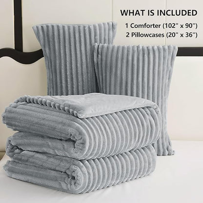 CozyLux Fluffy King Size Comforter Set - Super Soft Faux Fur Grey Comforter King Size, Winter Warm Fleece Bedding Set, 3 Pieces Plush Fuzzy Bed Set (1 Shaggy Comforter, 2 Pillowcases)