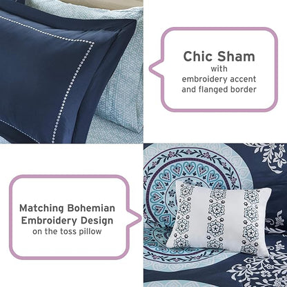 Intelligent Design Complete Bed In A Bag Casual Boho Comforter with Sheet Set Decorative Pillow, All Season Bedding Set, Twin XL, Loretta Navy 7 Piece