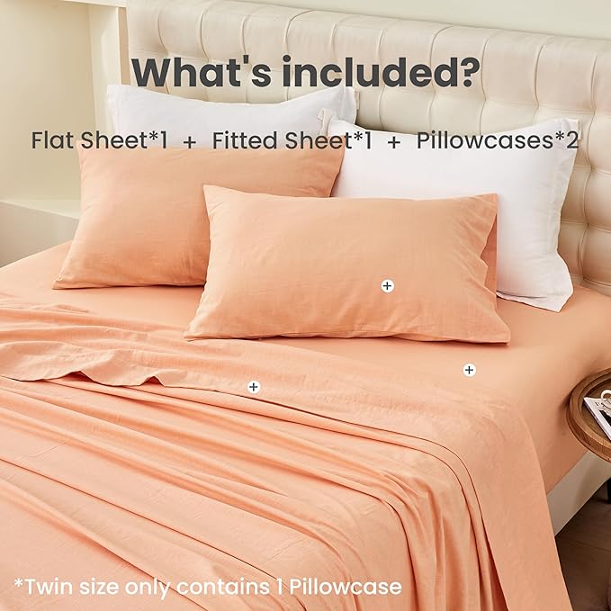 Simple&Opulence Belgian Linen Sheet Set Solid Color - 4 Pieces (1 Flat Sheet & 1 Fitted Sheet & 2 Pillowcases) Natural Flax Cotton Blend Soft Bedding Breathable Farmhouse - Peach, Full Size