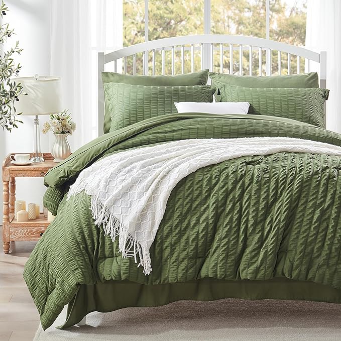 Zzlpp Full Comforter Set 7 Pieces, Olive Green Seersucker Bed in a Bag with Comforter and Sheets, All Season Bedding Sets with 1 Comforter, 2 Pillow Shams, 2 Pillowcases, 1 Flat Sheet, 1 Fitted Sheet