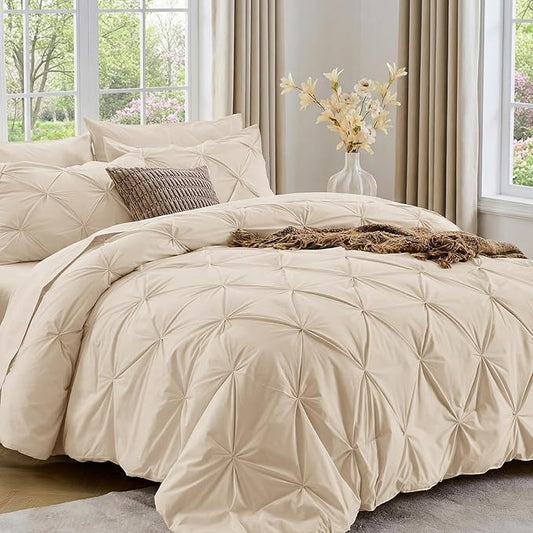 Sasttie Full Size Comforter Set, 7-Piece Bed in a Bag Double, Pintuck Bedding Set for All Season, Includes Comforter, Flat Sheet, Fitted Sheet, Pillowcases and Pillowshams, Warm Beige