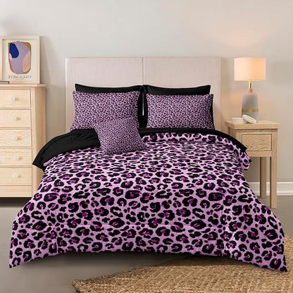 Leopard Print Comforter King Black and Purple Bedding Sets 8 Pcs Purple Cheetah Animal Print Texture Wild Leopard Bed in A Bag with Comforter and Sheet Set
