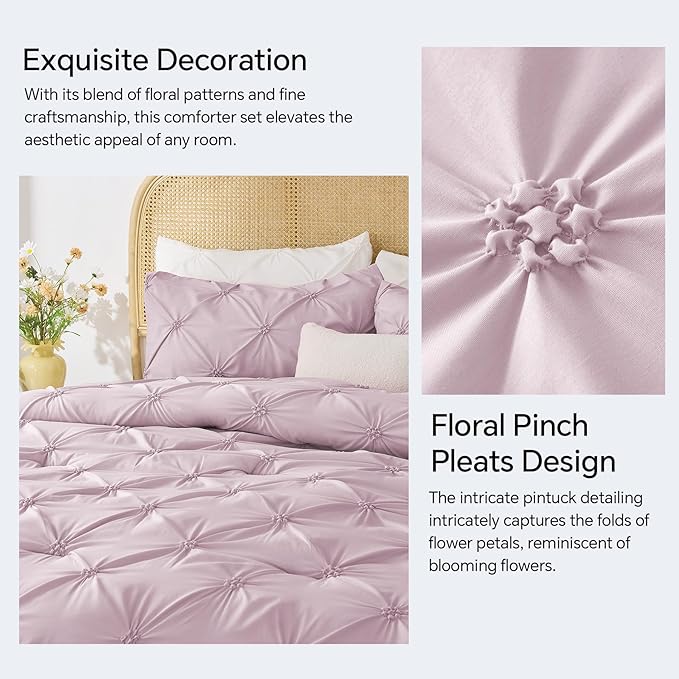 BEDELITE Light Purple Comforter Set Full - 3 Peices Boho Pintuck Bedding Comforter Sets, Lightweight Soft & Warm Twin Bedding Sets with 2 Pillowcase for All Season