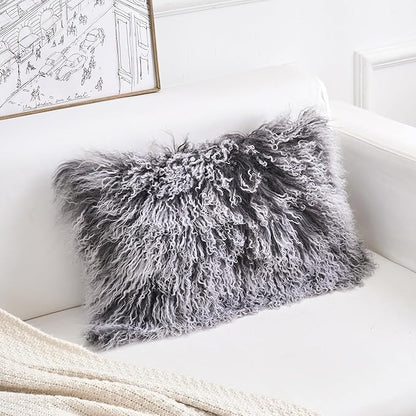 Genuine Mongolian Lamb Fur Pillow Cover – 12"x20" Rectangular Cushion Case – Soft Curly Wool Decorative Accent for Sofa, Bed, or Chair (Frosted Grey)