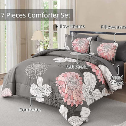 Yiran Grey Pink Comforter Queen Size 7 Pieces Floral Bed in a Bag Comforter Set Soft Microfiber Bedding Sets for All Season with Flat Sheet Fitted Sheets Pillowcases & Pillowshams