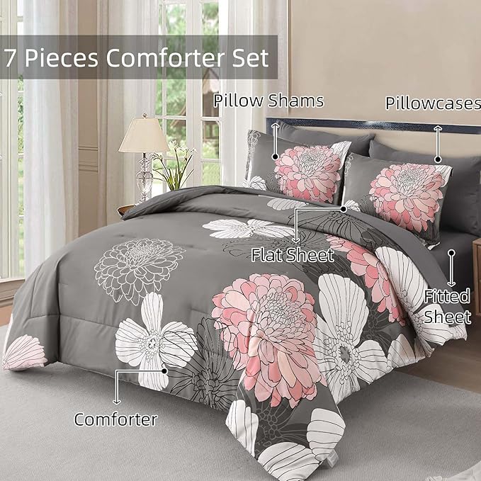 Yiran Cal King Flower Boho Comforter Set Gray Pink Bed in a Bag 7 Pieces Floral Bedding Set (1 Comforter 1 Flat Sheet 1 Fitted Sheet 2 Pillowcases 2 Pillow Shams)