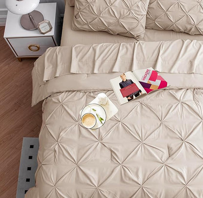 Queen Size Comforter Set - 7 Piece HotelQuality, Queen Bed in a Bag Comforter - Premium Soft-Touch Microfiber - Pintuck-Stitch Bedding Collection - All-Season Bed Set with Easy Care Comforters - Beige | Smooth hand feel, Year round comfort, Breathable ...