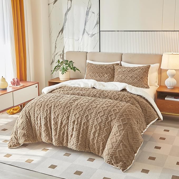 Joyreap 3-Piece Fluffy Faux Fur Sherpa Comforter Set Coffee, Queen Size Luxury Tufted Bedding Comforter Set, All Season Soft n Cozy Plush Comforter Bed Set- 88x88 inches