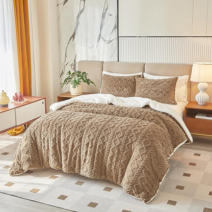 Joyreap 3-Piece Fluffy Faux Fur Sherpa Comforter Set Coffee, King Size Luxury Tufted Bedding Comforter Set, All Season Soft n Cozy Plush Comforter Bed Set- 100x88 inches